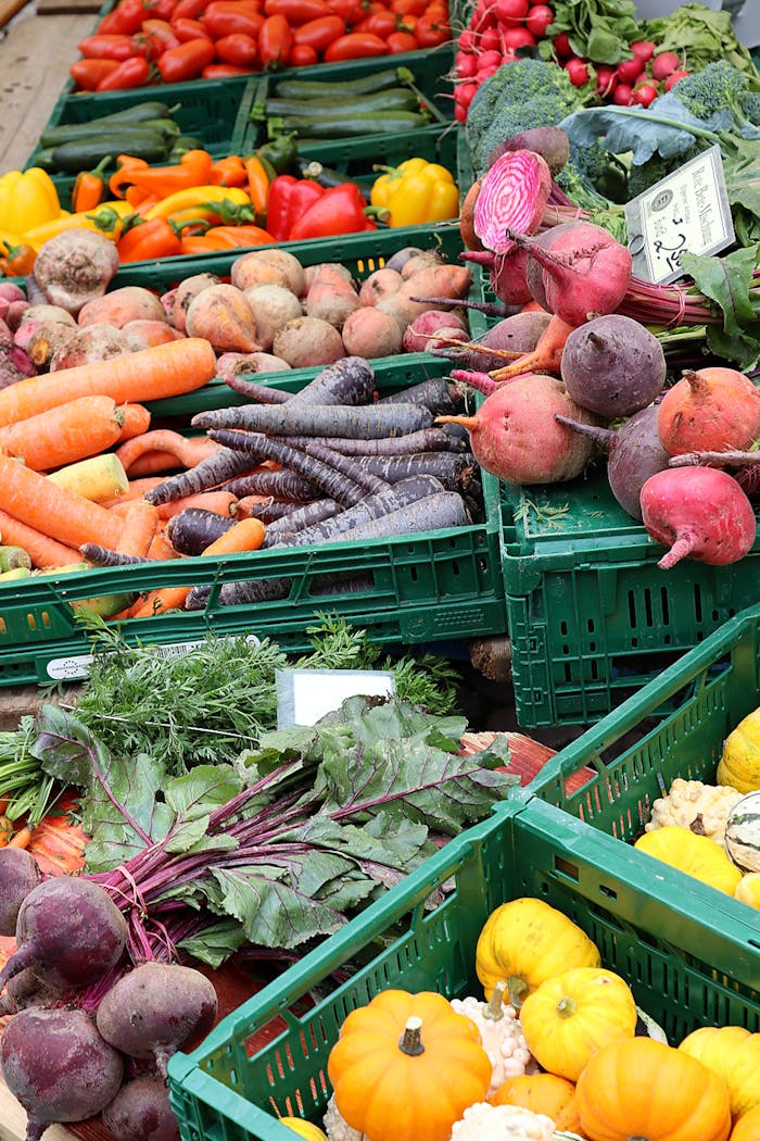 Vibrant collection of fresh vegetables in crates at a farmer's market.